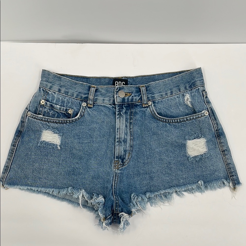 BDG Cut Off High Rise Blue Jean Denim Shorts Medium Wash Distressed Raw Hem 30